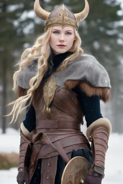 ((best quality)), ((masterpiece)), (detailed), Viking woman warrior light amor in a snowy battlefield