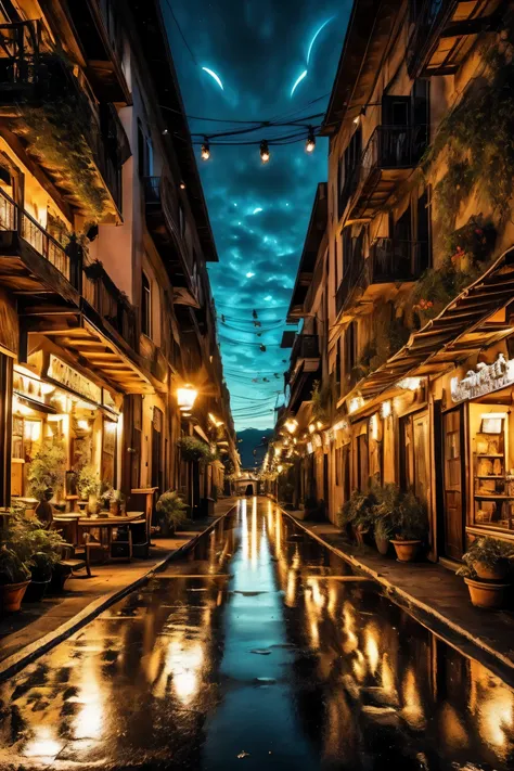 Num entardecer dourado, an ancient city reveals its nostalgic characteristics: ruas desgastadas, classic houses and soft lights emerging. Uma sorveteria tradicional exala aroma de waffles, while a vintage jukebox promises a nostalgic soundtrack. The distan...