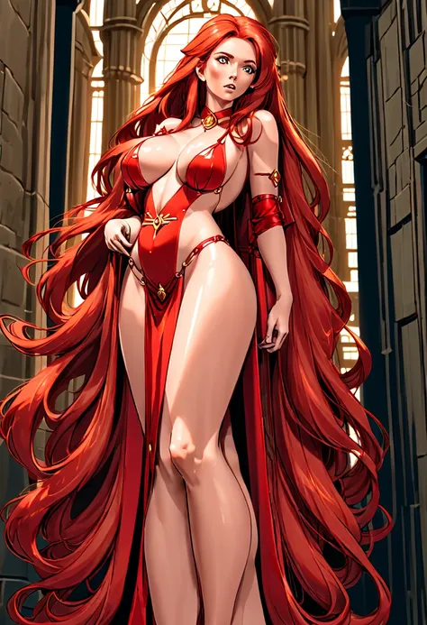 full body, female slave barefoot, cute pit girl,(((1girl))),((pit girl with extremely cute and beautiful red hair)), (huge breasts:1.4),saggy breasts,(((red voluminous hair:1.35,absurdly long unkempt hair,colored inner hair,ear breathing,large hair)))