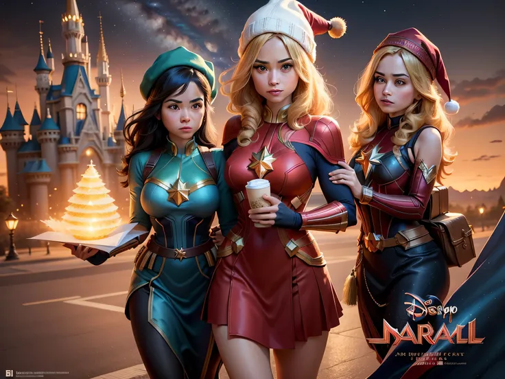 a poster for a Disney Pixel cartoon with three heroines, sendo lider a HEROI DOS DESENHOS Mulher-Maravilha usando Gorro EM CLIMA DE NATAL,  A BACKPACK ON YOUR BACK in leadership, behind comes Captain Marvel, com mala de viagem de rodinhas e a SUPER GAROTA,...