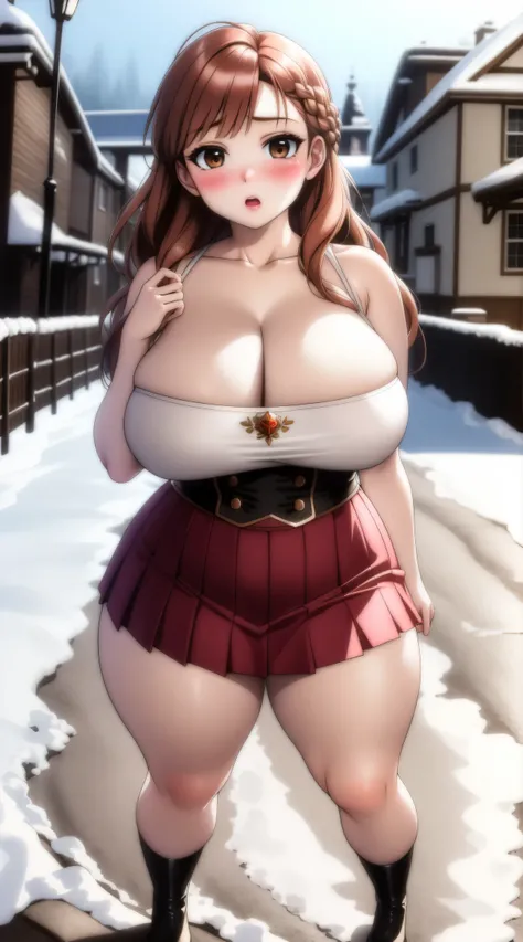 woman, ((Masterpiece, best quality)), full body view, sexy, bursting huge breasts, detailed skin, Anna from Frozen clothes, highly detailed, cinematic lighting, ultra realistic, blush, looking at viewer,  anna, anna from frozen, princess, disney, brown hai...