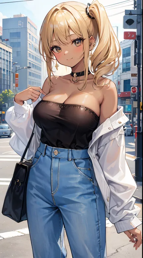 (8K、Top image quality、top-quality、​masterpiece)、A detailed face、1 girl in、Blonde shorthair、side ponytail、wavy hair、Golden eyes、piercings、((Brown skin))、((skin tanned))、A slight smil、very Bigger breasts、cleavage、White sweater、long-sleeve、off shoulders、Strap...