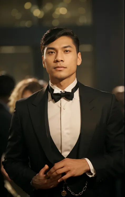 Un hombre de pelo negro largo hasta los hombros, with an Asian but hostile faction that dresses in a suit and looks impressive, con un fondo que tenga a varias personas vestida de gala. A man with an appearance of 27 to 30 years of age and his skin looks p...