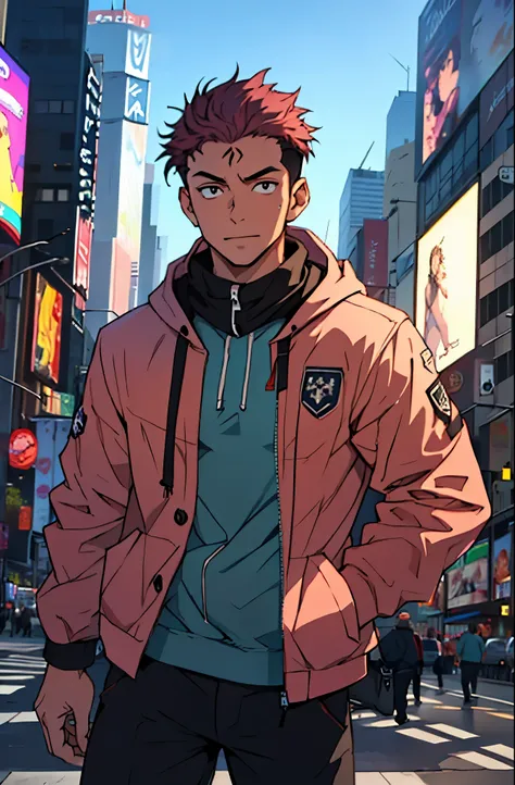 A mais alta qualidade, 8K, image high resolution, (Imagem da Cintura pra cima), good ilumination, sombras detalhadas, Detailed strokes, no meio de uma avenida movimentada estilo Times Square de noite nevando , inverno, apoiado em um dos postes, adolecente,...
