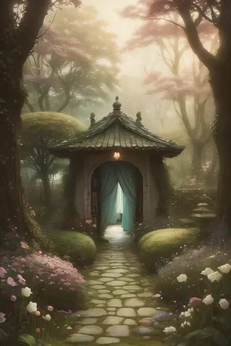 Secret Garden, dreamy, pastel-toned, romantic, warm, fantasy, mellow, soft, cozy, moist, Silke Leffler, Gabriel Pacheco, Chihiro Iwasaki, Oliver Jeffers, captivating,