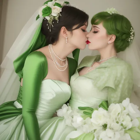 Green Satin Long Gloves, Green Wedding Dresses, Green shorthair, lipsticks, the kiss, bride, Pearl Necklace, Green Bride, lesbian, the kiss