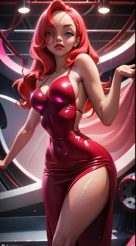 Jessica Conejo. small saggy breasts. caderas grandes. cabello rojo rizado. cuello. flower corset. minifalda. medias. Guantes. latex. barra. (Very high definition. 8k). Estilo realista, ,More detailed 8K.motor irreal:1.4,UHD,La mejor calidad:1.4, fotorreali...