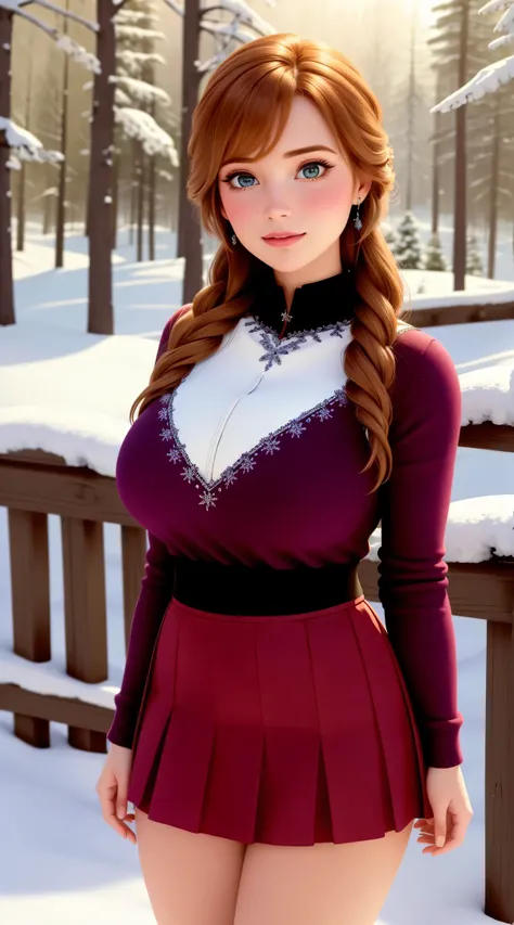 woman, ((Masterpiece, best quality)), detailed skin, highly detailed, cinematic lighting, ultra realistic, blush, looking at viewer,  anna, anna from frozen, princess, disney, brown hair, long hair, portrait, outdoor, snow,  cleavage,  large breasts,  wide...