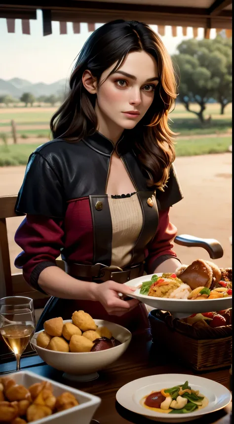 Keira Knightley,Medieval period,campos de trigo, simples atrai, sentada, a beira do riacho .cena de filme apaixonada e  refletindo  com  a natureza