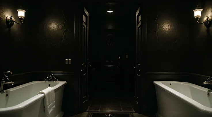 there is a toilet and a sink in a dark bathroom with a dark wall, Interior liminar assustador de RE7, Resident Evil 7, room of a dark mansion, arte conceitual escura fotorrealista, - Corredor Escuro, Motor irreal. retro film still, horror game graphics, gl...