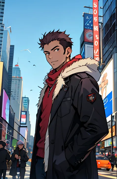 A mais alta qualidade, 8K, image high resolution, Detailed strokes, (Imagem da Cintura pra cima), no meio de uma avenida movimentada estilo Times Square, inverno, apoiado em um dos postes, adolecente, Yuji Itadori, Dark Pink Hair , wearing a cold jacket , ...