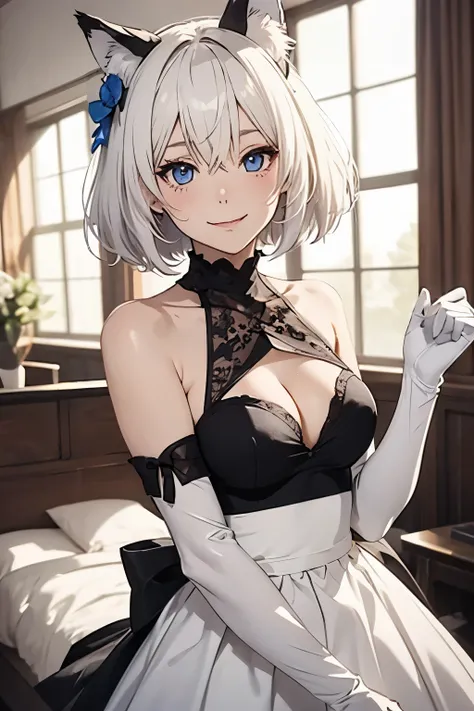 masutepiece　high-level image quality　最high-level image quality　8K　 Lady（Soio）　Portrait　blancheロンググローブ（（blanche）（Long gloves））　stocking lanche））　weddingdress（（blanche）（Tube Top））　gargantilha　Wolf ears　shorth hair（（short-cut）（White hair）（perm）（fluffly））　Eye ...