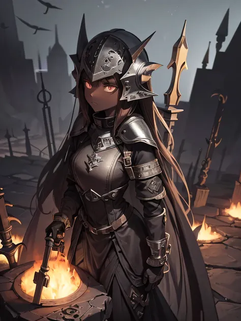 medieval horror art, Its dark night, mechanized horror girl, ((dark brown skin)), mechanical dividing lines on the body, gray eyes, Gloomy look, short marble helmet, holding a massive needle, (massive cast iron collars on the arms), short pale gloves, shor...