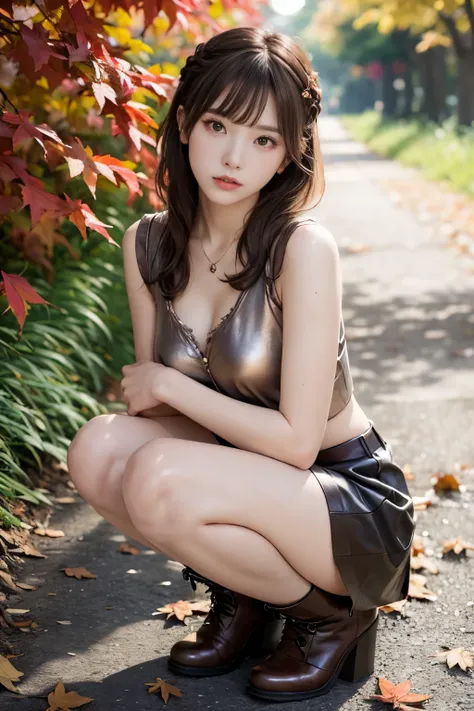 8K分辨率, Ultra-high-definition CG images, Autumn leaves at night🍁, Moonlight, Long Focus, 1girl in, 20yr old, detailed beautiful faces, (bangs braid, bronze:1.4), (stop hair:1.4), (Autumn coordination), a miniskirt, long boots, variation color, Pointed chest...