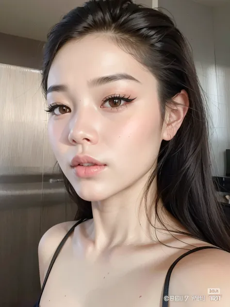 um close up de uma mulher com cabelos longos usando um top preto, maquiagem coreana popular, maquiagem sul-coreana popular, beautiful aesthetic face, korean face features, Mulher sul-coreana bonita, jennie blackpink, korean symmetrical face, linda mulher c...