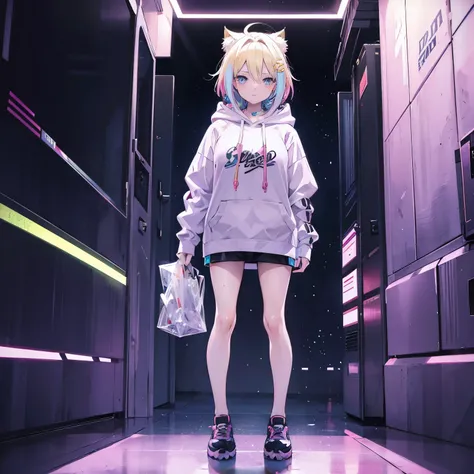 Dirt blonde anime girl in a flashy hoodie, colorful, cool, shy, full body:1.5