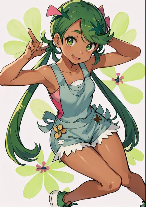 1girl, zodiac_mallow, lovely small breasts, solo, green hair, dark skin, twin tails, pink flower in hair, sneakers, forest, deni...