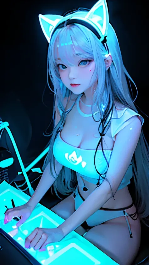 slut girl、paradise、Hotel、Black straight long hair、Glowing neon lights、Video game room、Sitting in a gaming chair、Girls playing games、glowing keyboard、glowing cat ears、(((UV Light、white shirt that glows under black light)))、large full breasts、Large cleavage、...