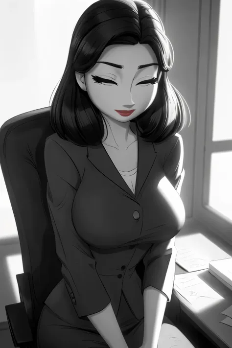 ((ultra quality)), ((tmasterpiece)), Meg, Paperman, (Black & White Style), (black and white cinema), ((Black, hairlong)), (Beautiful cute face), (beautiful female lips), Charming, ((sexy facial expression)), is looking at the camera, eyes are slightly clos...