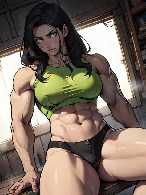 muscular girl thin waist toned body large breasts thick thighs pale skin girl black hair yellow eyes sad chiaroscuro muscular muscular