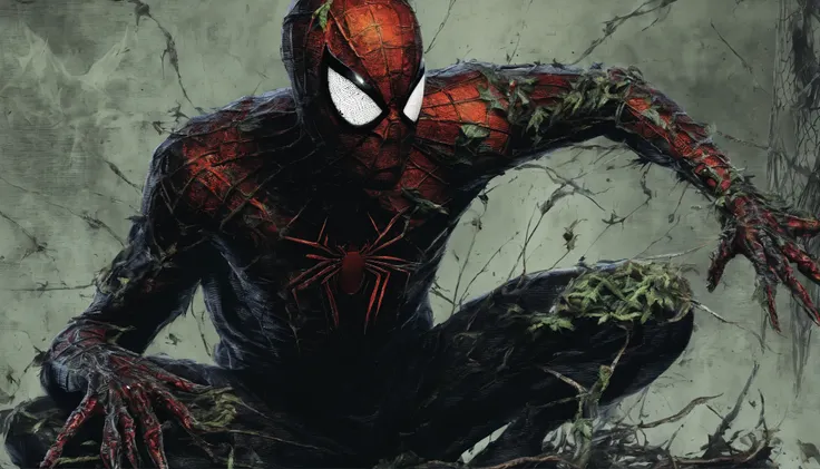 Spider-Man torn clothing covered in marijuana; vibrant colors