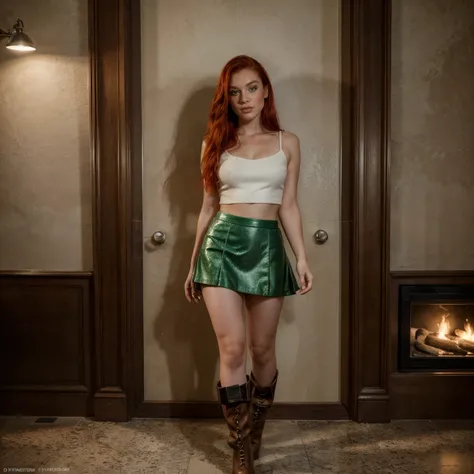 Ariel is a 30 years old woman With fiery red locks, captivating green eyes, and a sprinkle of freckles, shes a portrait of unique beauty and vibrant charm. (She is wearing a mini skirt boots with heels and a mini crop top) (((full-length photo)))