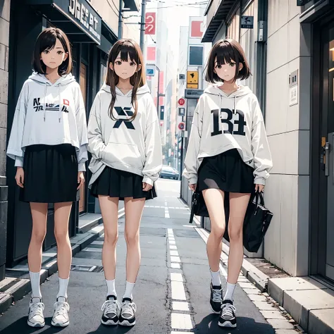 Two Japanese adult women A and B、A has long, loose dark brown hair.、B has light blonde hair with loose lob hair and short bob.、they are wearing casual clothes、A is wearing an oversized white hoodie, a black skirt, and black knee-length stockings.、B is wear...