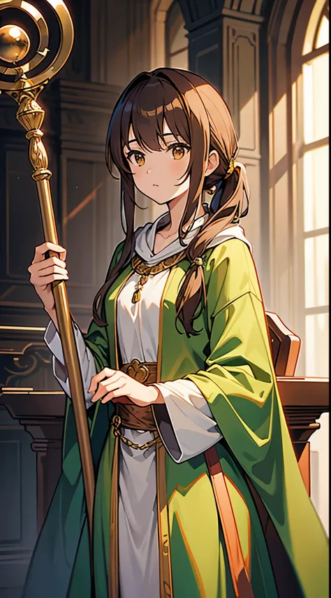 [[[masterpiece, ultra-detailed, best quality,]]] portrait, close-up shot, brown hair, brown eyes, druid, magic, long hair, side ponytail, slender body, throne room background, green druid robes, staff, holding the staff. standing up.