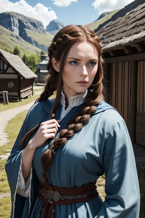 A middleaged nordic woman. About 40 years old. Tall. Pale Skin. Piercing blue eyes. Red-brown hair. Long hair braided back. Serious facial expression. Wearing medieval viking clothing. In a viking village at spring.