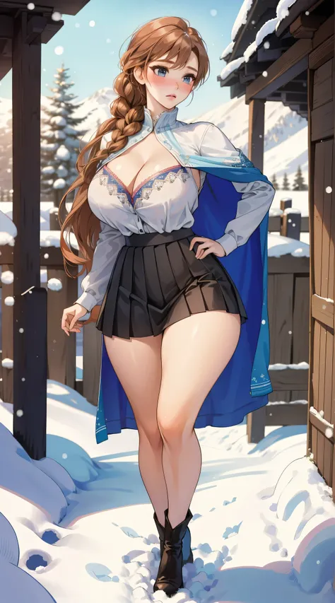 woman, ((Masterpiece, best quality)), full body view, sexy, bursting huge breasts, detailed skin, Anna from Frozen clothes, highly detailed, cinematic lighting, ultra realistic, blush, looking at viewer,  anna, anna from frozen, princess, disney, brown hai...