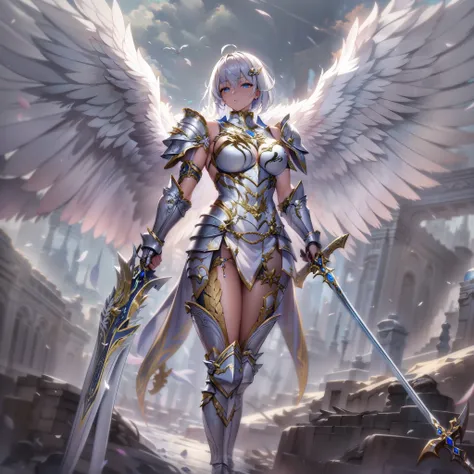 (masterpiece), (best quality), (ultra-detailed), female angelic warrior, silver armor, armored, full body, beautiful, fierce, ho...