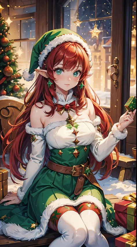 Christmas Elf. Festive. High quality. Beautiful eyes. Pointy ears. Red hair. Green clothes. Ultra detail. Snow. Sparkles. Glitter. Presents. Fairy lights. Anime girl.