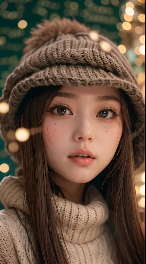 stand in front of the christmas show window, japanese woman, winter fashion, knit hat, pupils sparkling, brown long hair, depth ...