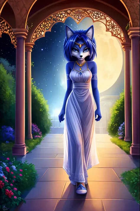 Krystal The Fox, Blue Fox, Beautiful, Jewelry, White Dress, Long Dress, Night, Stars, Looking at Viewer, walking, 2D illustration. A Background of a Roman pillars of a garden and flowery and colorful background arches with colorful gardens and trees. roman...