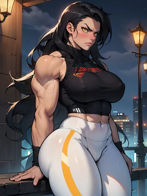 1girl muscular muscular muscular toned body huge muscles thick thighs thick thick thick solo black hair yellow eyes very long hair pale skin angry blushing girl night time leggings