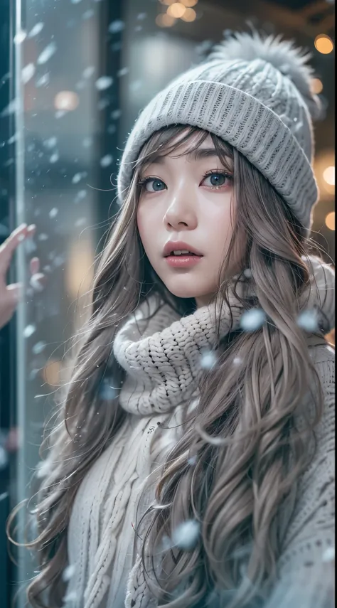 stand in front of the christmas show window, japanese woman, winter fashion, knit hat, snowing,pupils sparkling, silver long hai...