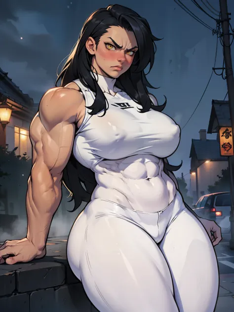 1girl muscular muscular muscular toned body huge muscles thick thighs thick thick thick solo black hair yellow eyes very long hair pale skin angry blushing girl night time leggings