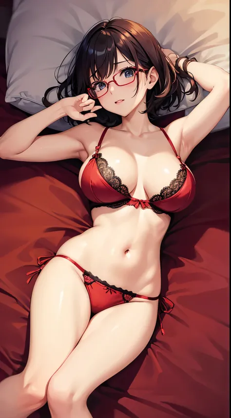 (Best Quality:1.3)、1girl in、Colossal tits、red bra and panties with lace、Lying on your back in bed、wavy short hair、eye glass、Shyness、Cute anime illustration、Kamimei、