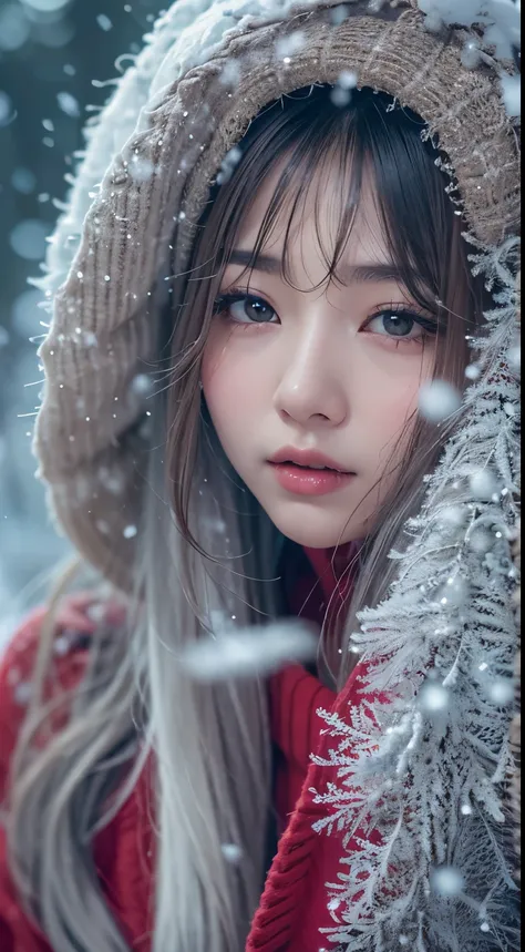 in the snowy forest, japanese woman, red sweater, snowing,pupils sparkling, silver long hair, depth of field, f/1.8, anatomicall...