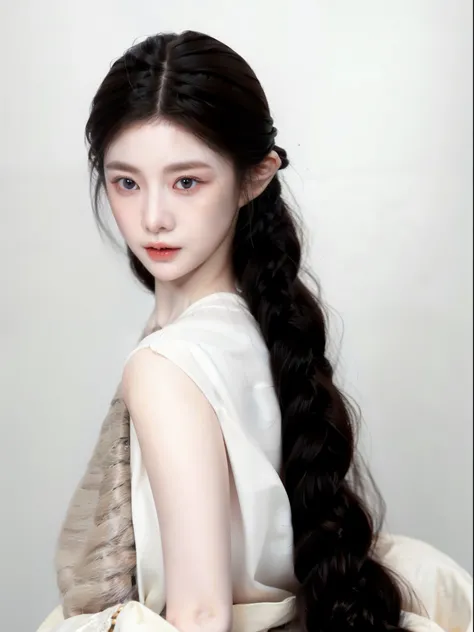 a close up of a woman with long hair wearing a scarf, Pale porcelain white skin, Elf long braided brown hair, Art dolls, porcelain white skin, ball jointed doll, Pointed face and gray eyes, large eyes and flowing long hair, Pale young ghost girl, pale skin...