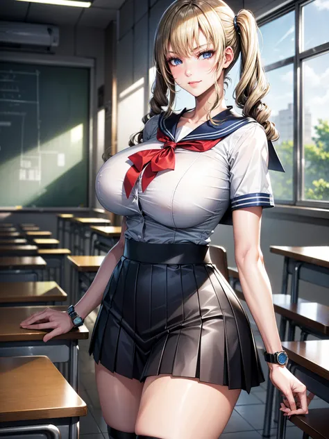 best quality, masterpiece, extremely detailed CG, extremely detailed 8K wallpaper, standing, HDR ,1girl, solo, indoors, in classroom, cowboy shot, solo, looking at viewer,, sailor uniform, blue collar, pleated navy blue skirt, long hair, blonde hair, twin ...