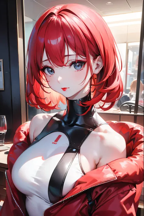 ((wearing a red wool sweater,turtle necked sweater,bare shoulders​,Beautiful red hair)),(beautiful boob,Saggy milk)),((cyberpunked,Neon-lit night city,colorful bubble lights,Depth of subject)),BREAK(looking at view:1.3),BREAK(beautifull detailed face:1.2),...