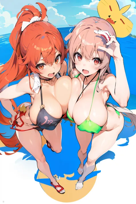 Anime Girls in bikinis on the beach with sun in the background, oppai, is wearing a swim wears着る, swim wears着る, pixiv 3dcg, cushart, Ecchi, Anime Girls, cushart kenz, Ecchi anime style, beaching, two beautiful Anime Girls, in beach, at pixiv, in beach, swi...