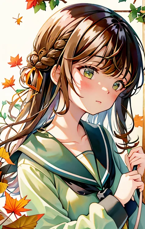 1girl, acorn, aki_shizuha, anger_vein, autumn, autumn_leaves, bangs, blush, braid, branch, brown_eyes, brown_hair, closed_mouth, daisy, dragonfly, eyebrows_visible_through_hair, falling_leaves, flower, ginkgo_leaf, green_eyes, grey_sailor_collar, hair_orna...