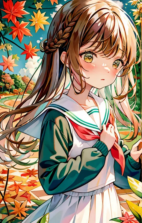 1girl, acorn, aki_shizuha, anger_vein, autumn, autumn_leaves, bangs, blush, braid, branch, brown_eyes, brown_hair, closed_mouth, daisy, dragonfly, eyebrows_visible_through_hair, falling_leaves, flower, ginkgo_leaf, green_eyes, grey_sailor_collar, hair_orna...