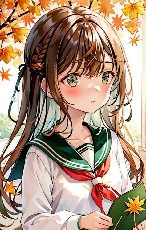 1girl, acorn, aki_shizuha, anger_vein, autumn, autumn_leaves, bangs, blush, braid, branch, brown_eyes, brown_hair, closed_mouth,...