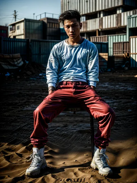 Best Quality,hight resolution:1.2 an young asian male rapper, Fox Motocross gloves, Fox Motocross pants, mx boots, longsleeve, post-war, post-apocalyptic world, photorealistic, sharp focus, raw photo,(photoshoot style), action picture