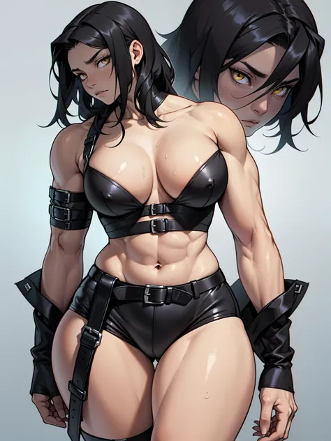 muscular girl thin waist large breasts thick pale skin black hair yellow eyes muscular girl thin waist huge breasts thick muscular girl thin waist thick sad expressionless