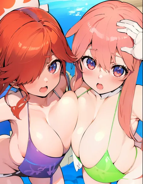 Anime Girls in bikinis on the beach with sun in the background, oppai, is wearing a swim wears着る, swim wears着る, pixiv 3dcg, cushart, Ecchi, Anime Girls, cushart kenz, Ecchi anime style, beaching, two beautiful Anime Girls, in beach, at pixiv, in beach, swi...