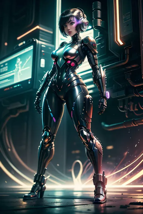 Cyberwoman hole in cyberpunk futuristic city々and cyberpunk women, with a full body on display, is depicted in a futuristic cyberpunk city. His eyes sparkle with intense neon, reflecting the cityscape filled with dystopian skyscrapers, holographic advertise...